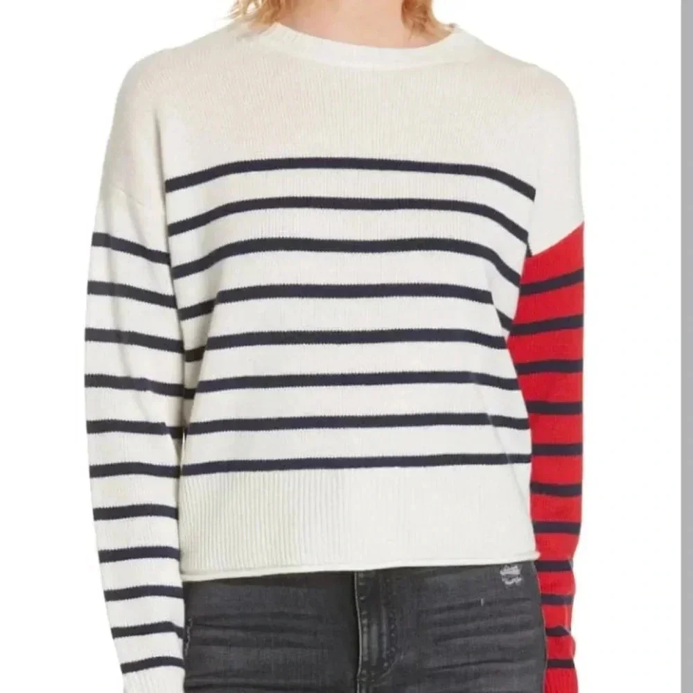 NORDSTROM SIGNATURE NEW Cropped Striped Cashmere Crew Neck Sweater - Picture 2 of 11